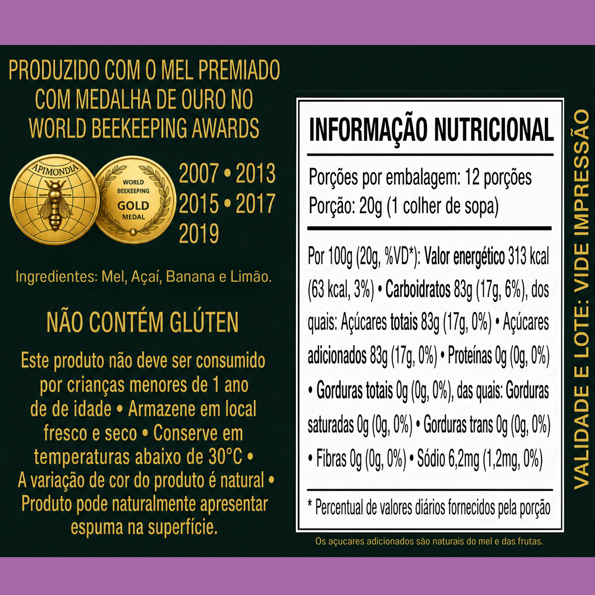 Honey+Fruits Mel com Banana, açai e limão 250g