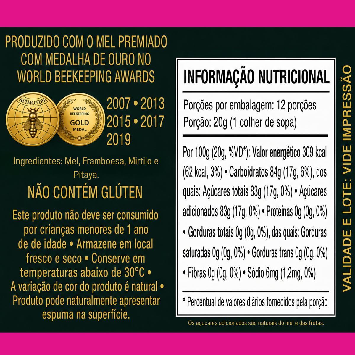 Honey+Fruits Mel com Pitaia, Framboesa e Mirtilo 250g